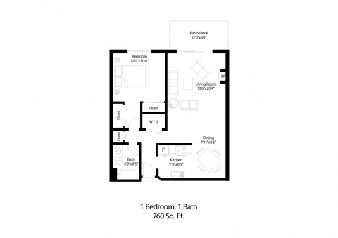 Floor plan for 1 bed, 1 bath, 760 sqft